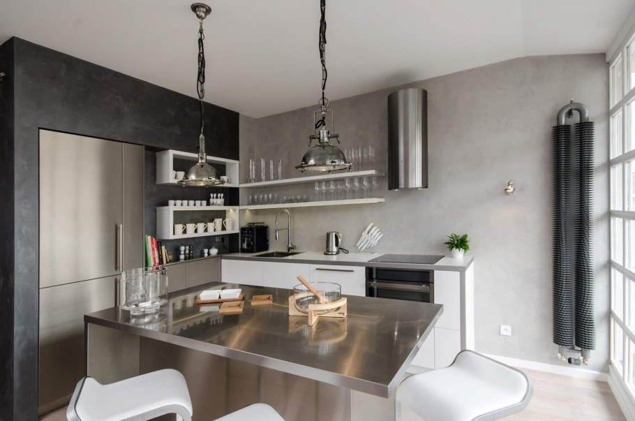 Бетонная стена в интерьере кухни