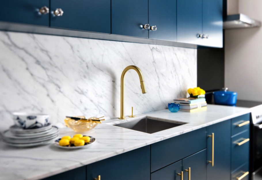 Синяя кухня с мраморной столешницей