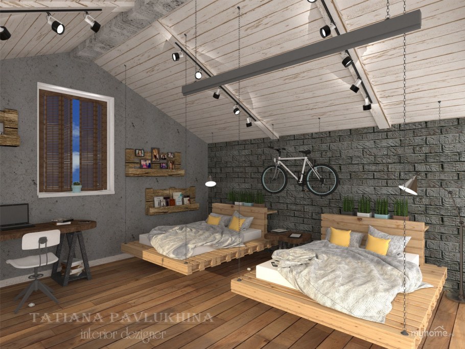 Спальня на мансарде в стиле лофт
