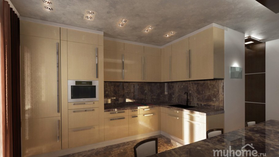 Кухня с бежевым холодильником