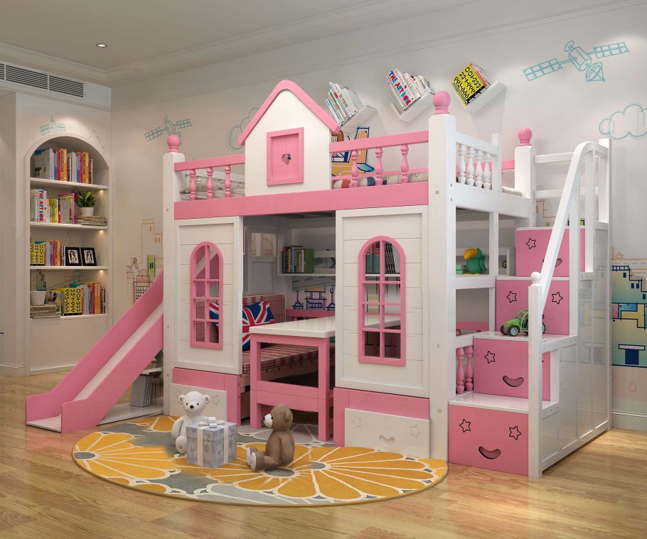 Кровать замок для девочки с горкой