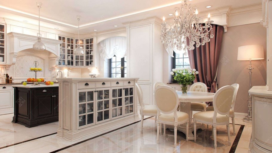 Кухня столовая в коттедже в классическом стиле