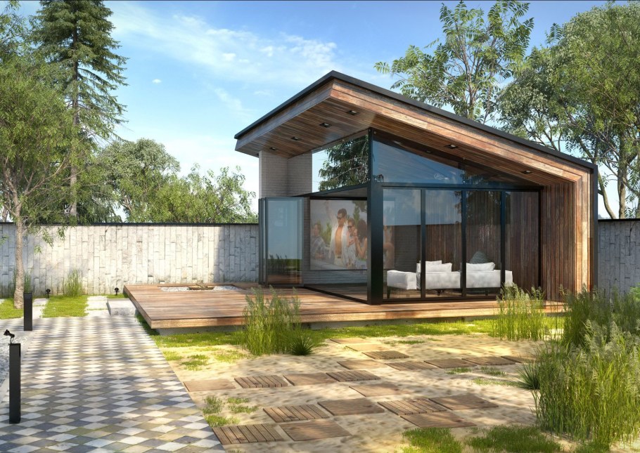 Кирпичная односкатная застекленная беседка