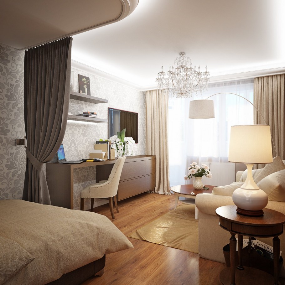 Интерьер спальни-гостиной 20 кв.м