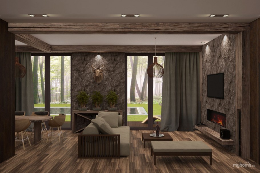 Гостиная в загородном доме в эко стиле
