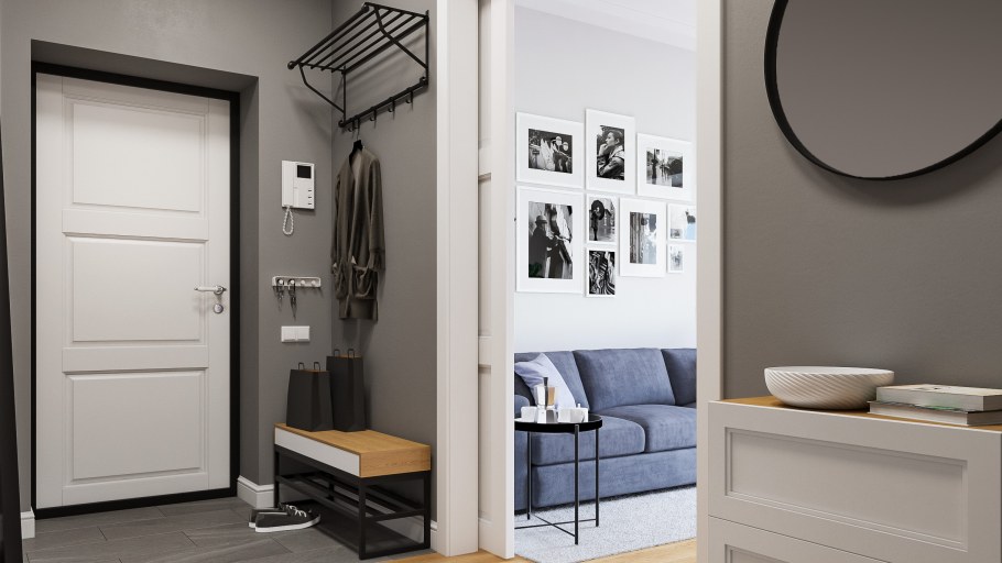 Серые обои и белый плинтус в интерьере