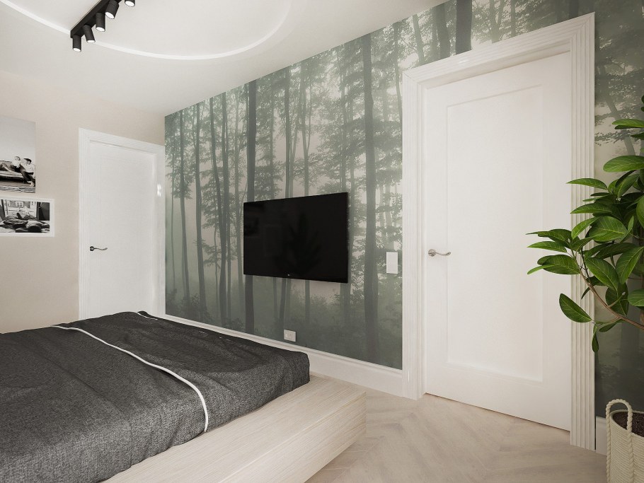 Гостиная с белыми дверями в интерьере