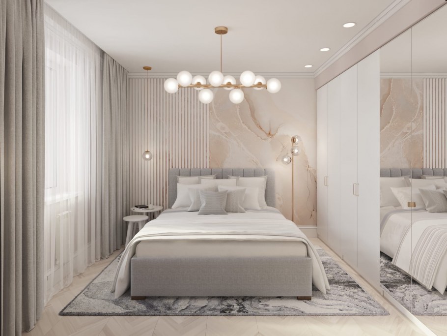 Пудровые шторы в интерьере спальни