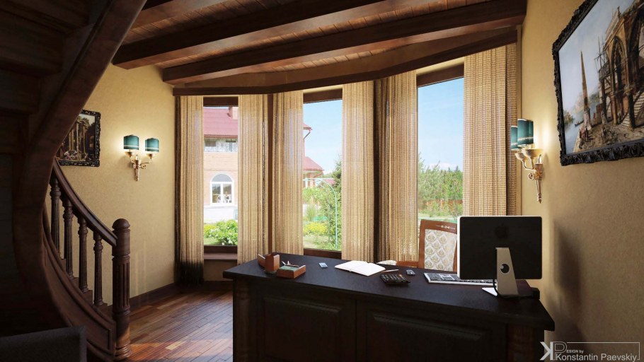 Интерьер домашнего кабинета в загородном доме