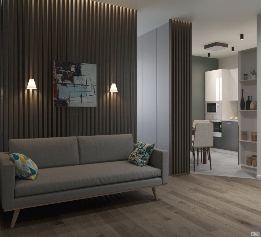 Серая гостиная с рейками