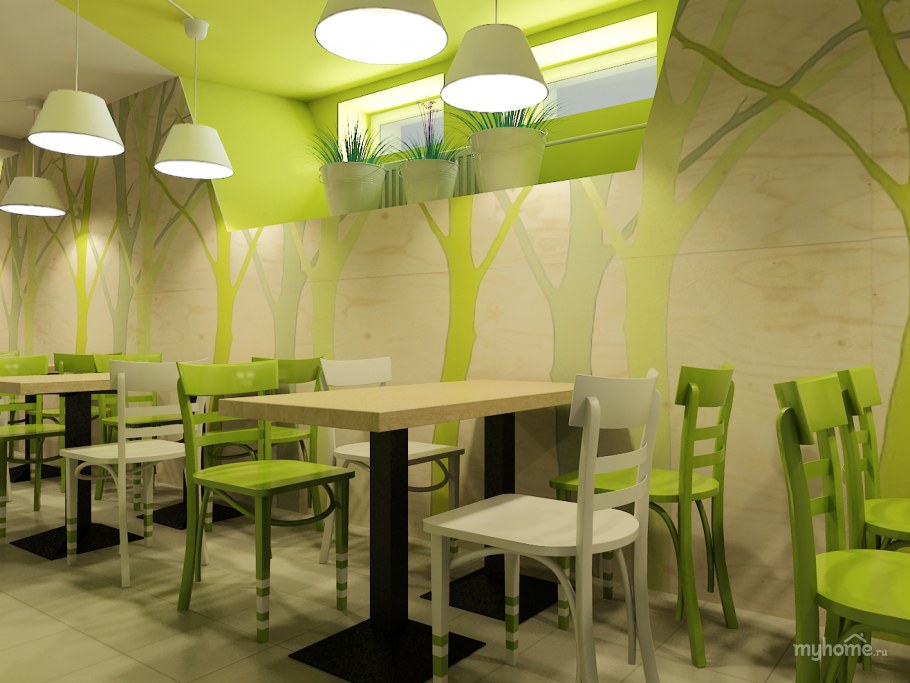 Интерьер кафе в зеленых тонах