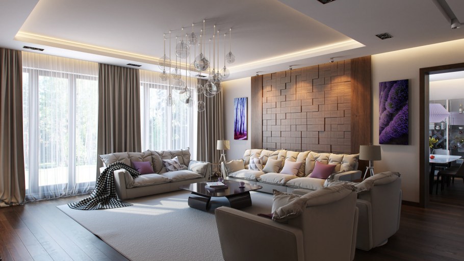 Освещение стены в гостиной в современном интерьере