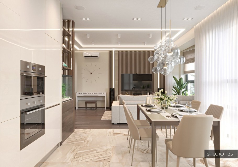 Светлая кухня с темным полом в современном стиле