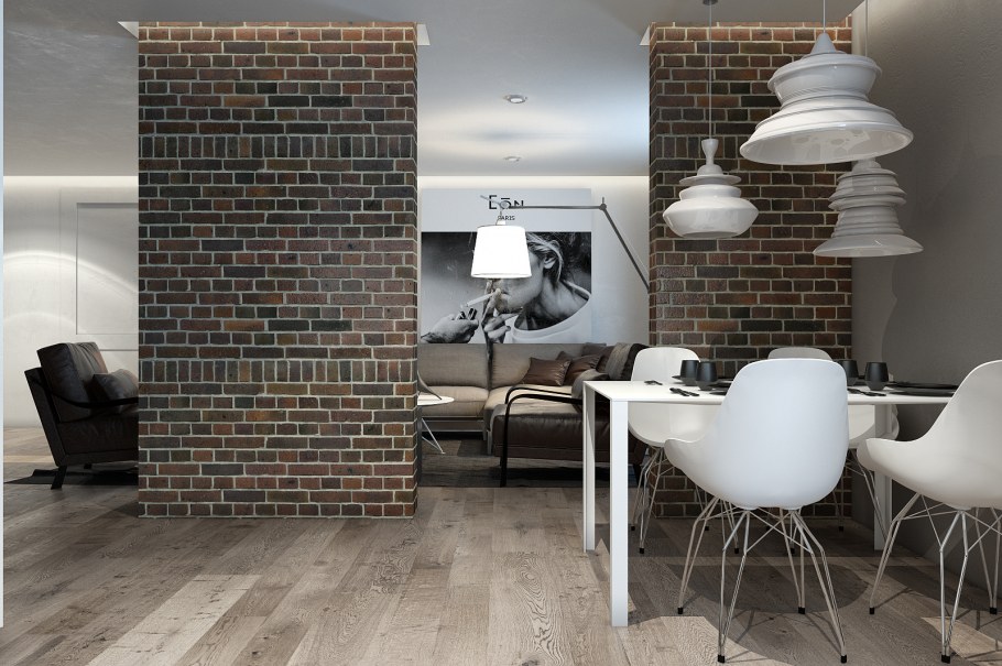 Кирпич в интерьере гостиной