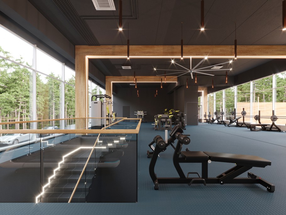 Фитнес зал с панорамными окнами