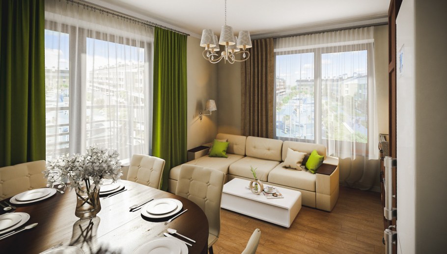 Интерьер угловой комнаты с двумя окнами