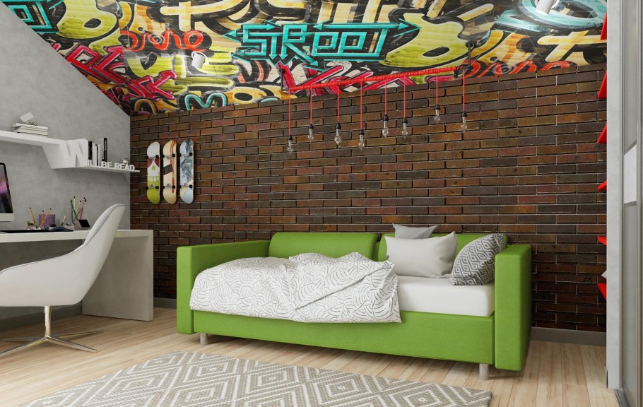 Кирпич в интерьере детской для подростка