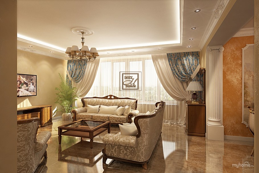 Гостиная в классическом стиле в светлых тонах
