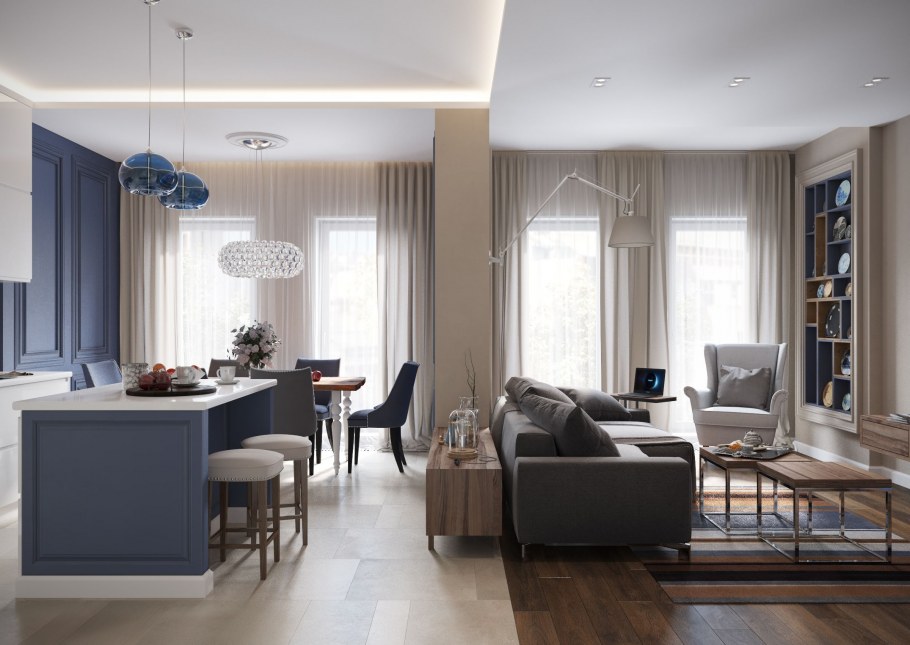 Сине серая кухня гостиная