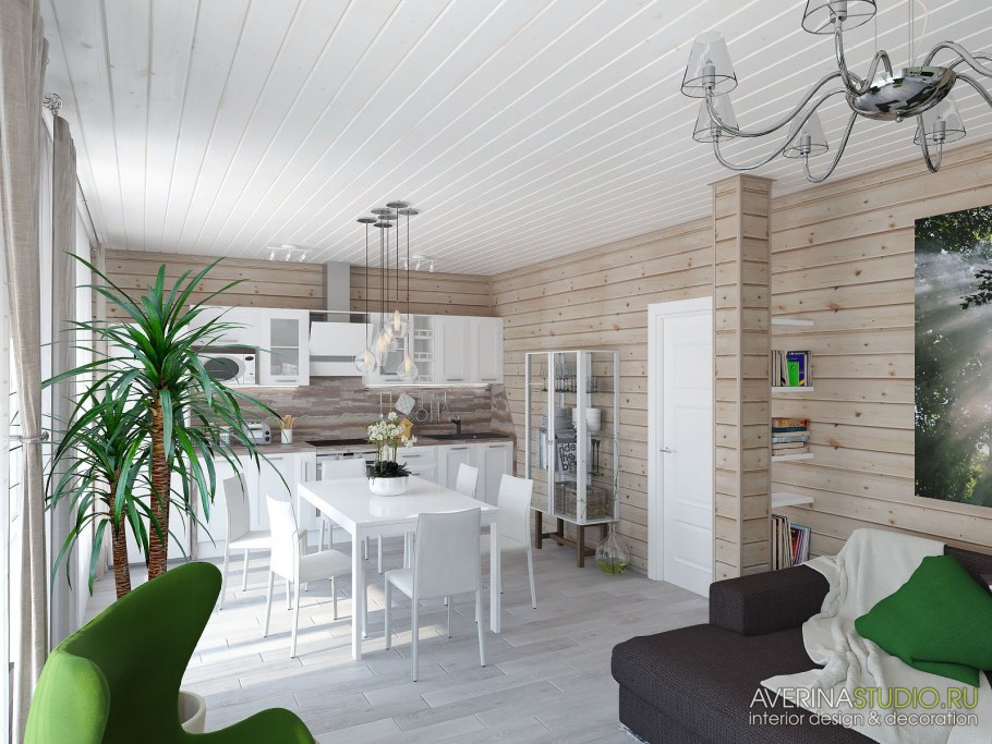 Интерьеры дачных домов с кухней и гостиной