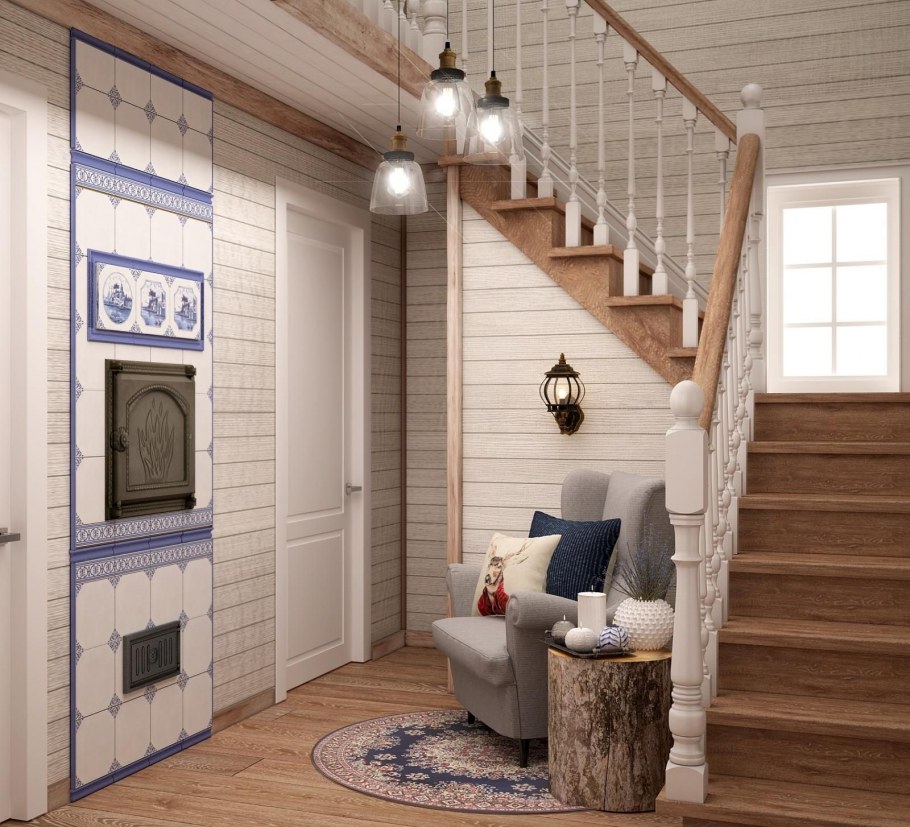 Прихожая- гостиная в загородном доме