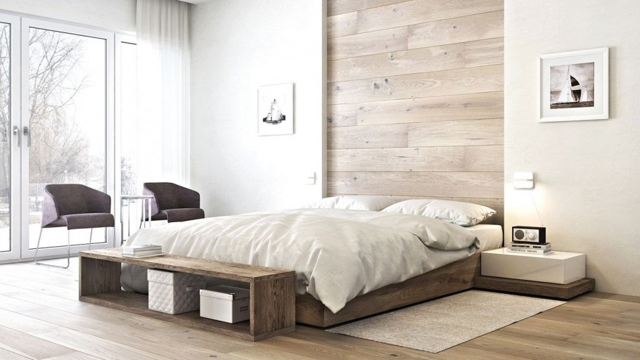 Отделка стен ламинатом в спальне