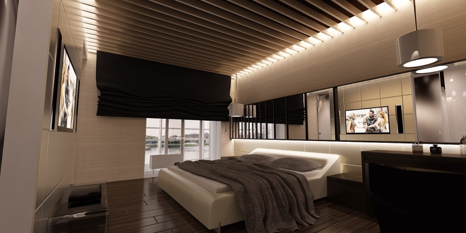 Деревянный потолок с подсветкой