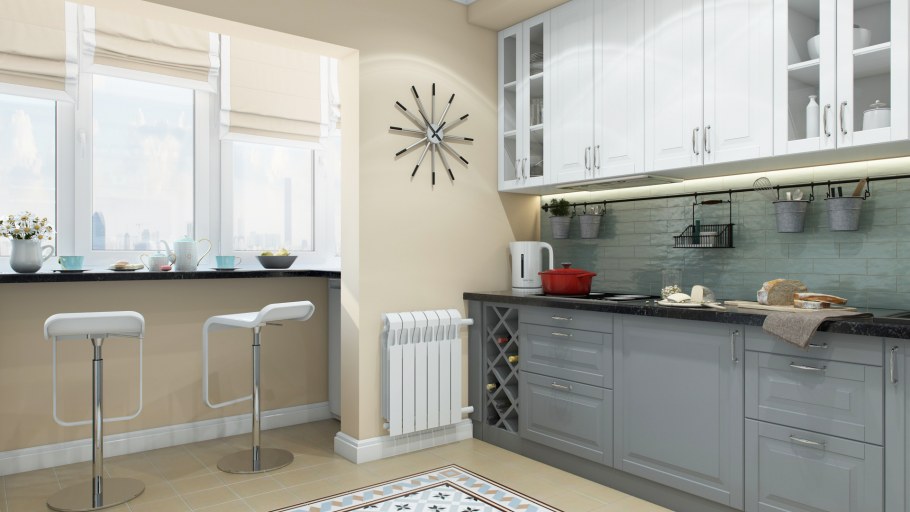 Обои для кухни с серым гарнитуром