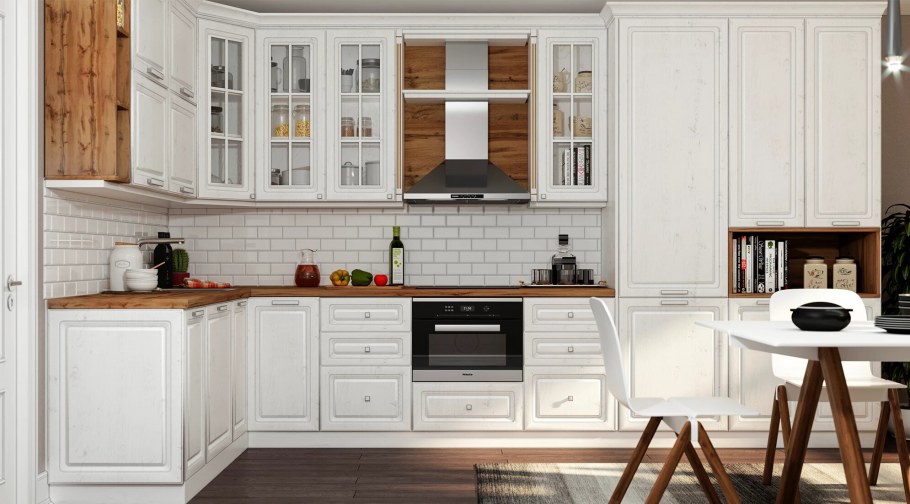 Прямая белая кухня 12 квадратов и диванчик