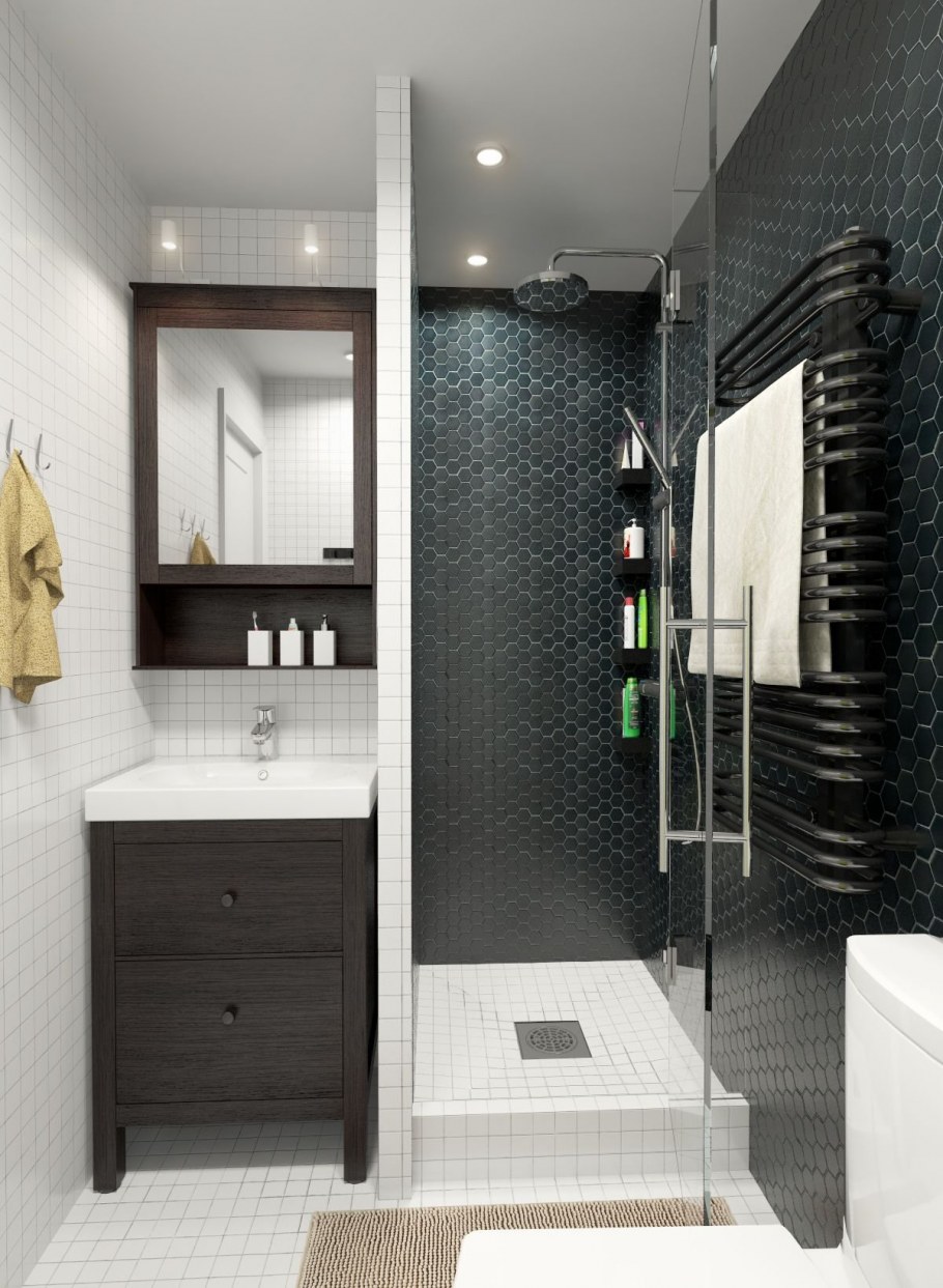 Интерьер узкой ванной комнаты