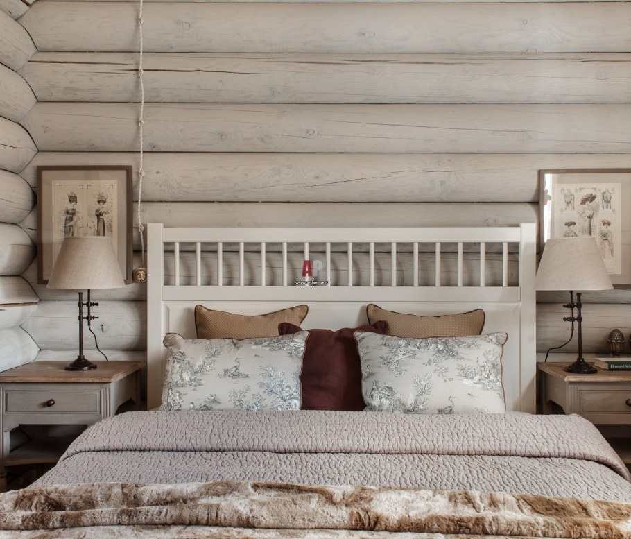 Современные интерьеры спальни в доме из оцилиндрованного бревна
