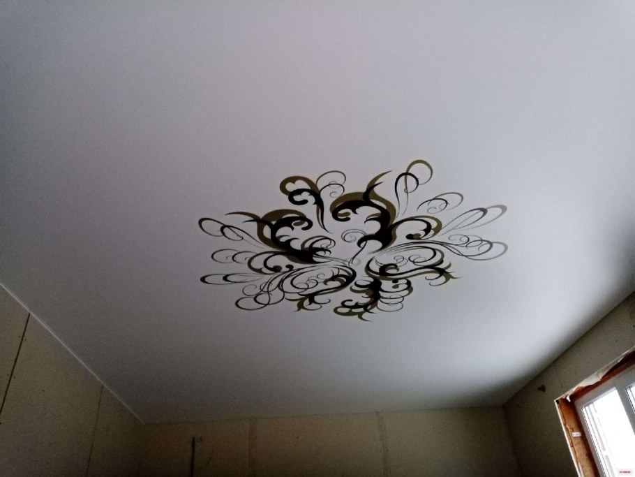 Фотопечать на потолке у люстры