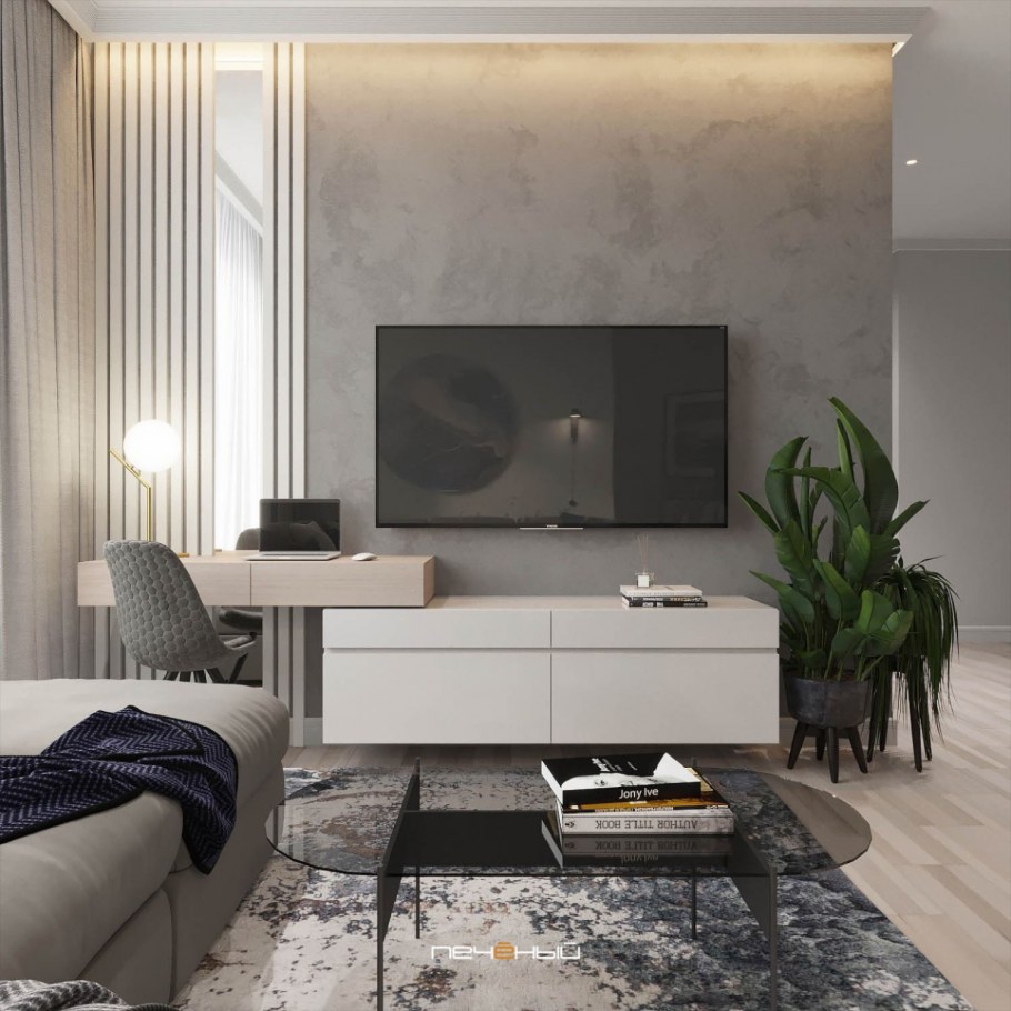 Интерьер гостиной в квартире 18 кв.м в современном стиле в сером цвете