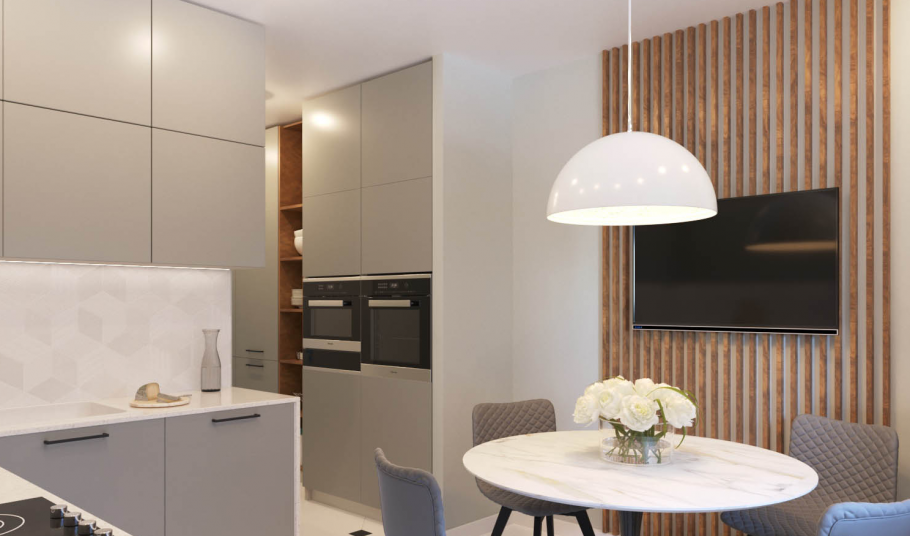 Гостиная с электрокамином в неоклассике