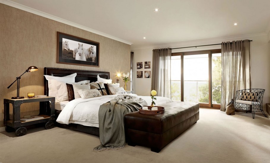 Интерьер спальни с коричневым полом