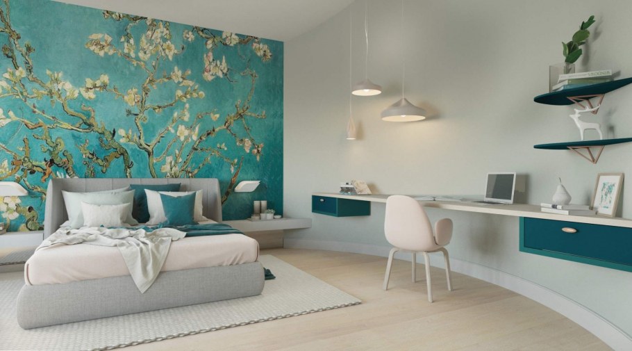 Спальня в голубых тонах с фотообоями