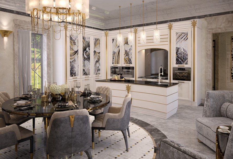 Кухня арт-деко с золотыми ручками