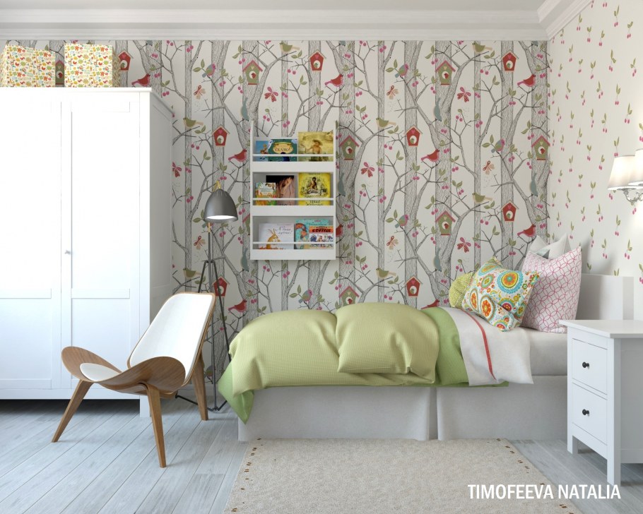 Комната для девочек с однотонными обоями в скандинавском стиле