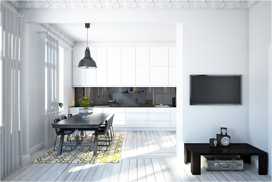 Белые стены в интерьере кухни гостиной