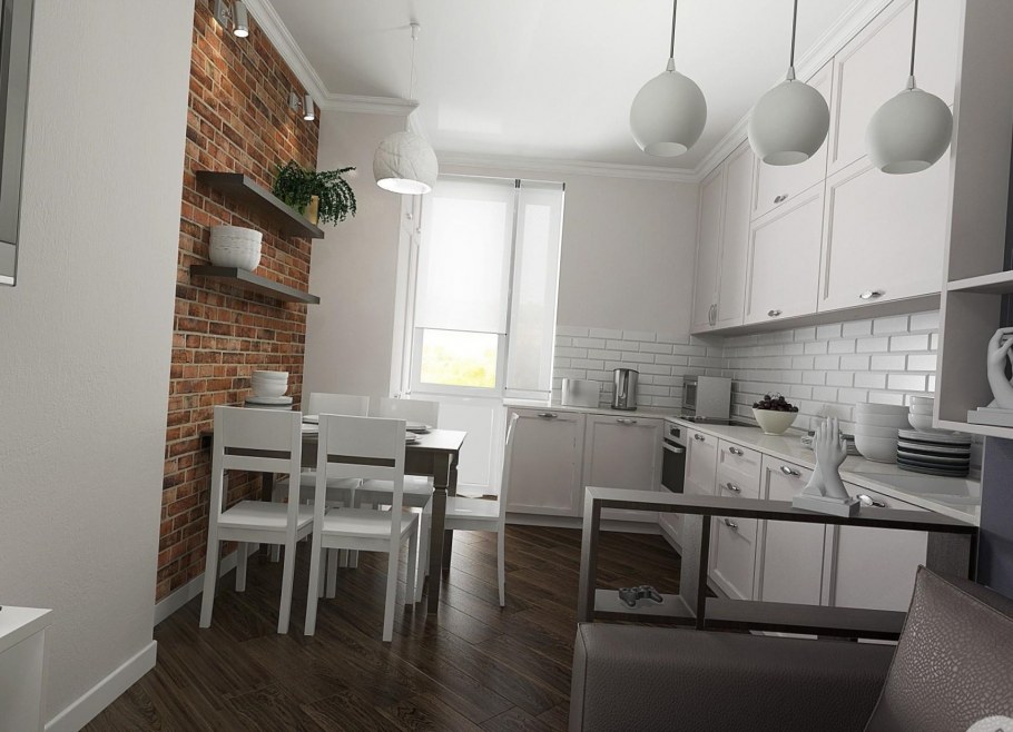 Светлый кирпич в интерьере кухни