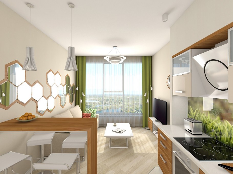 Планировка длинной кухни гостиной