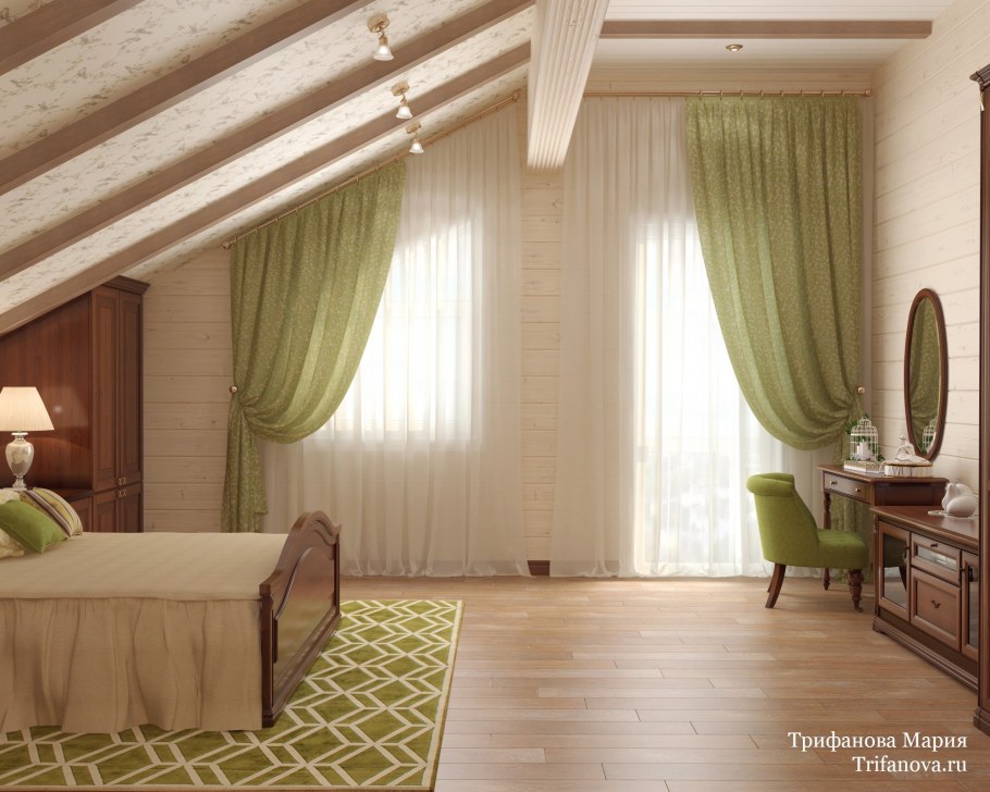 Спальня в коттедже из бруса