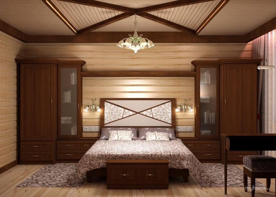 Имитация бруса в интерьере спальни