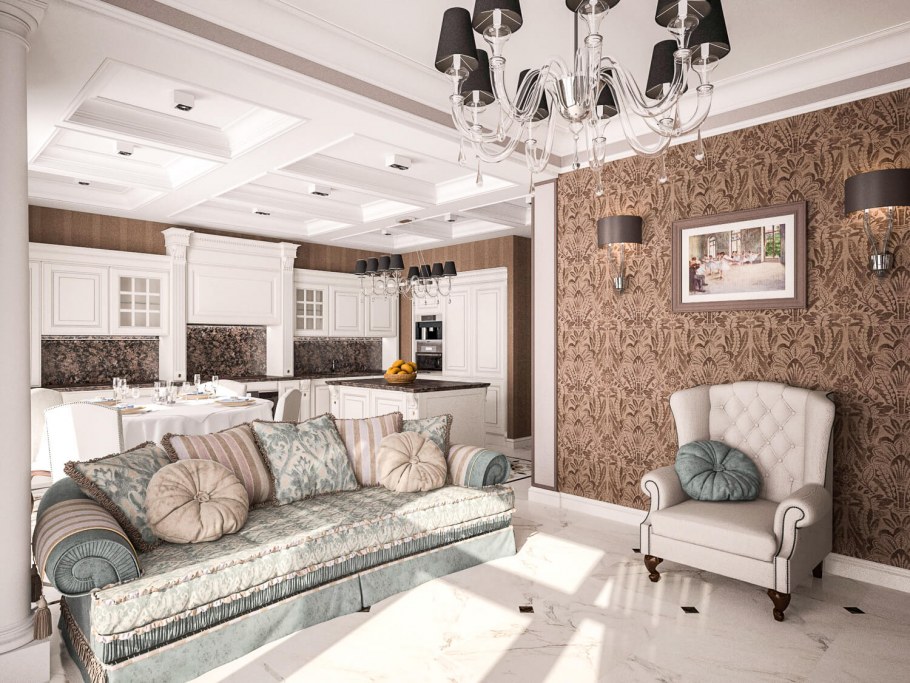 Кухня гостиная в современном классическом стиле