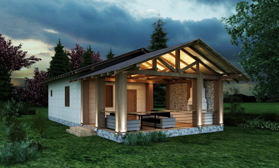 Терраса к бане с двухскатной крышей