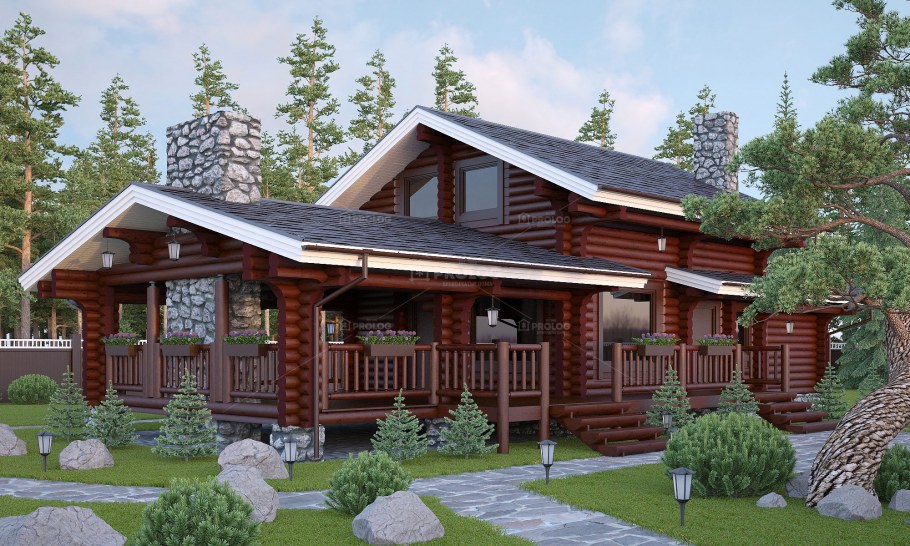 Баня из оцилиндрованного бревна с террасой и барбекю