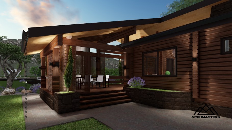 Современная баня с верандой