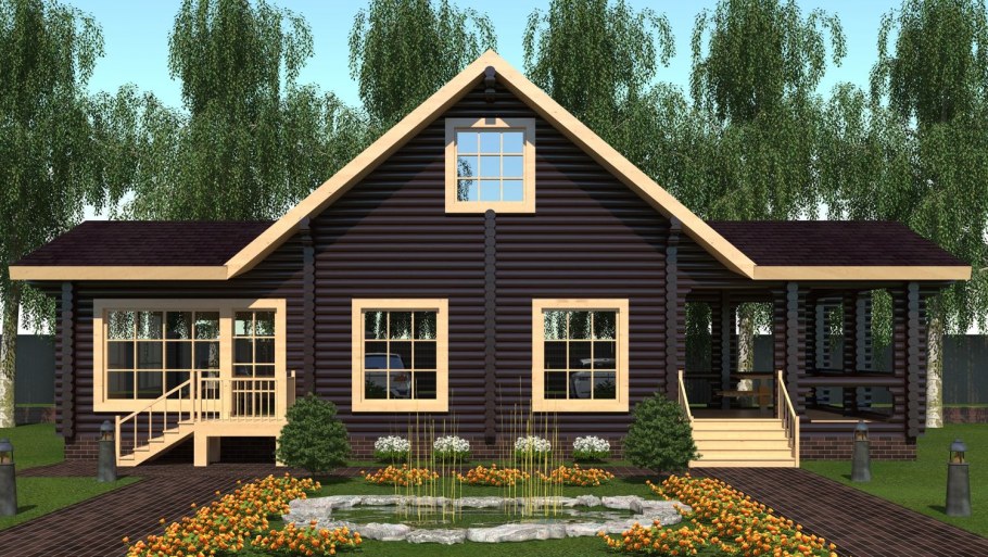 Двухэтажная баня с верандой