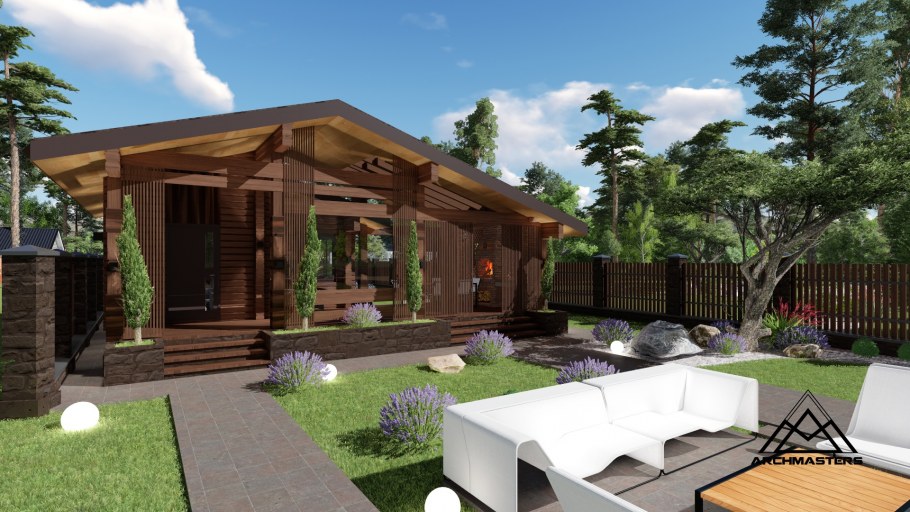 Современная баня с верандой