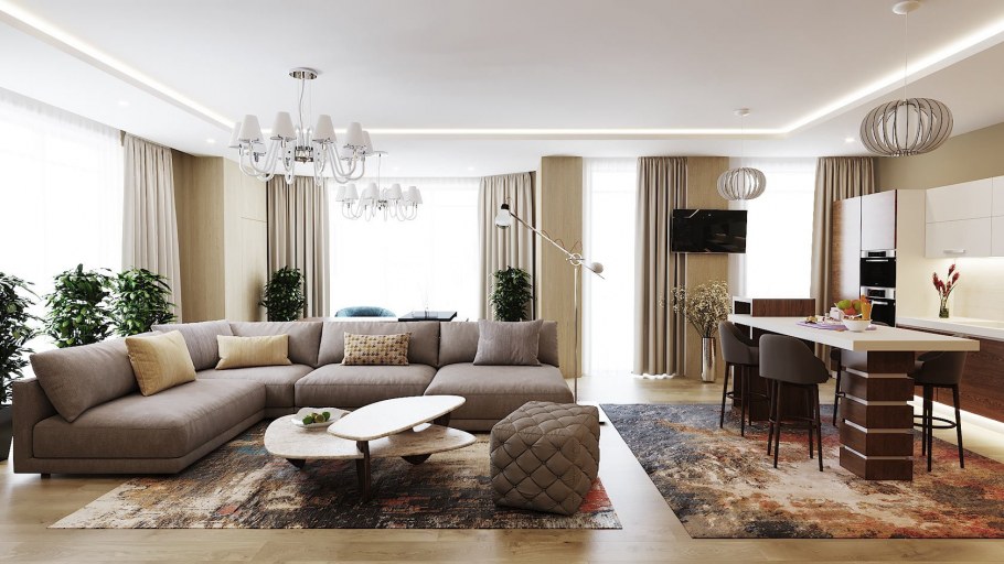 Комбинирование обоев в гостиной